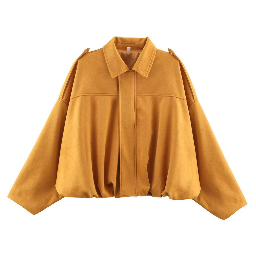 Women's Oversized Short Jacket with Balloon Hem, Shoulder Pads and Concealed Front Placket Mune Fashion