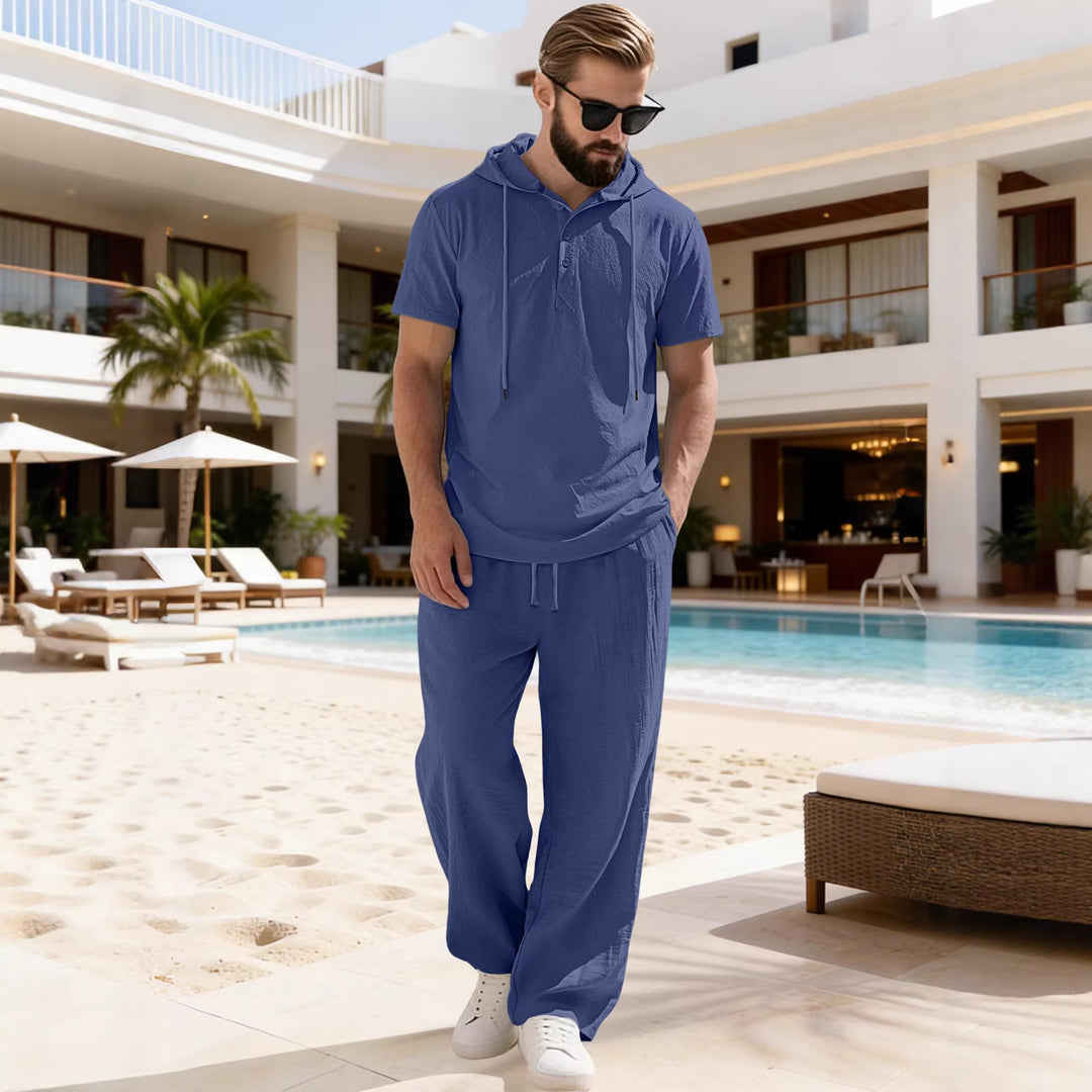 Men's casual short-sleeve hooded shirt in crinkled cotton blend with Henley button placket Mune Fashion
