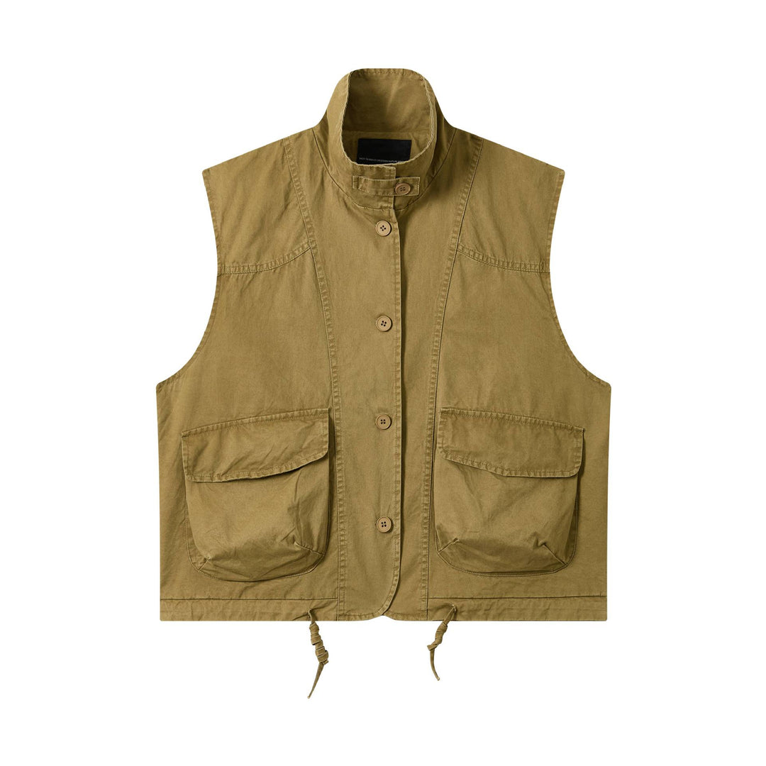 Women's utility vest with stand-up collar, large flap pockets, and drawstring Mune Fashion