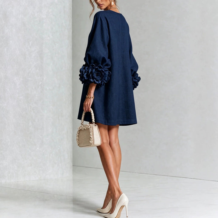 Women’s Short-Cut Linen Dress with 3D Flower Sleeves and Center Button Placket Mune Fashion