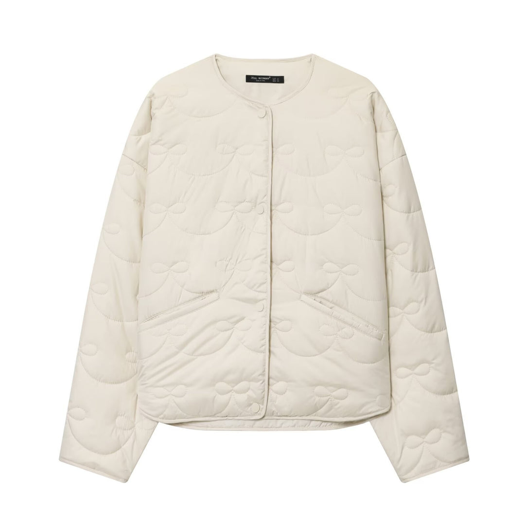Women’s quilted jacket without collar with decorative bow quilting and snap button closure Mune Fashion