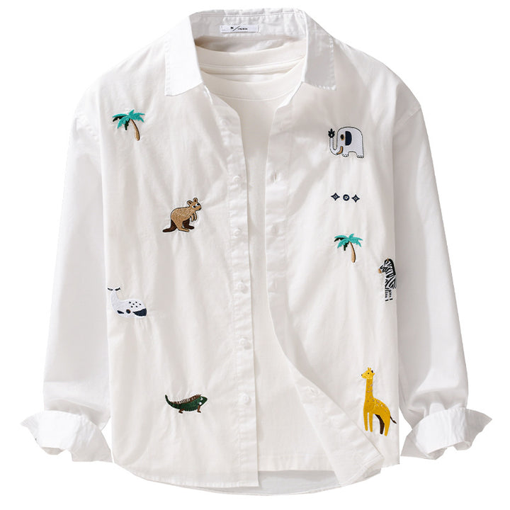 Women's Loose Cotton Shirt with Hand-Embroidered Safari Motifs Mune Fashion