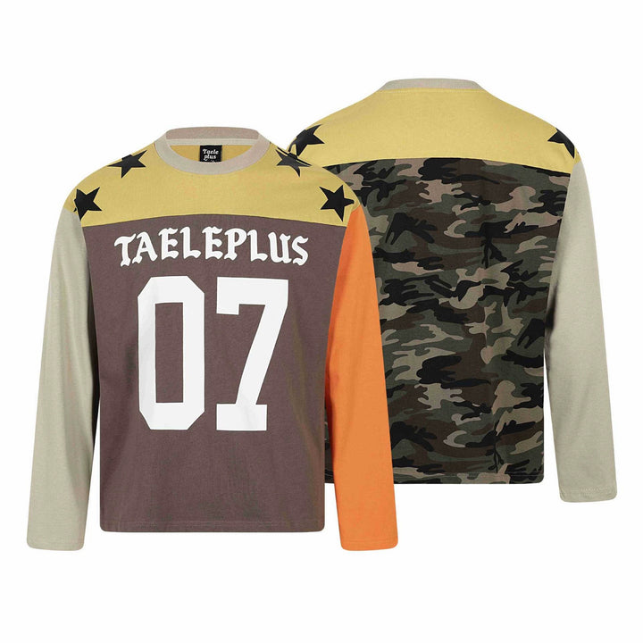 Unisex long sleeve shirt in vintage sports style with number print and star appliqués Mune Fashion