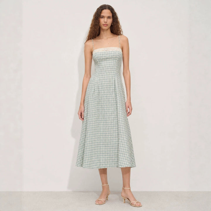 Women's Vintage-inspired Midi Dress with Slim Spaghetti Straps, Lace Insert and Flared Skirt Mune Fashion