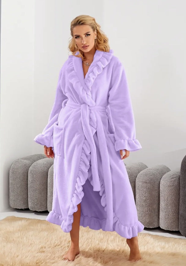 Women's luxurious dressing gown with ruffled collar, extra-long cut and tie belt Mune Fashion