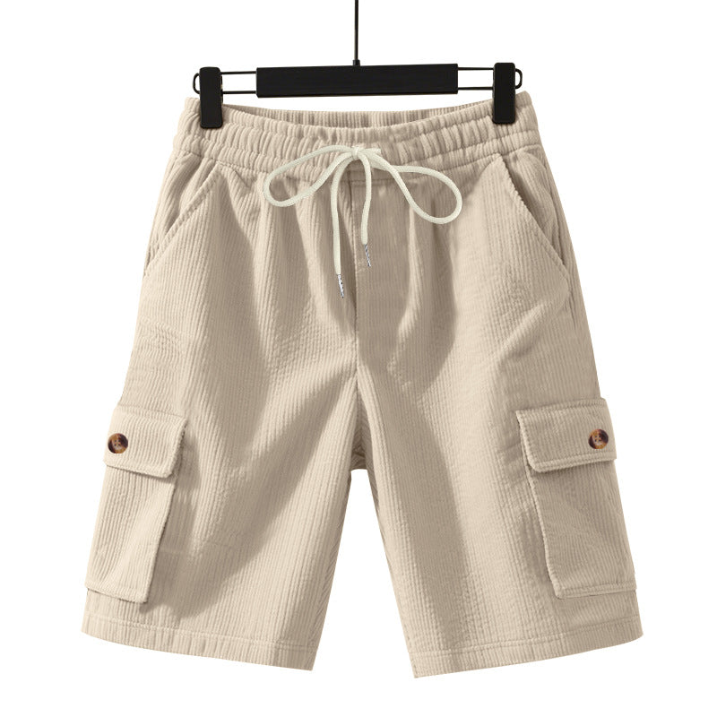 Men's cord cargo shorts with elastic drawstring waistband, patch cargo pockets, and soft cotton blend Mune Fashion