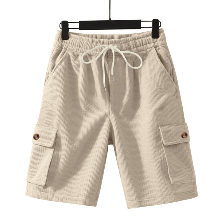 Men's cord cargo shorts with elastic drawstring waistband, patch cargo pockets, and soft cotton blend Mune Fashion