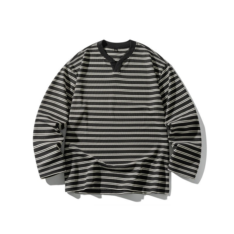 Unisex Striped Textured Long Sleeve with Notch V-Neck and Ribbed Structure Mune Fashion