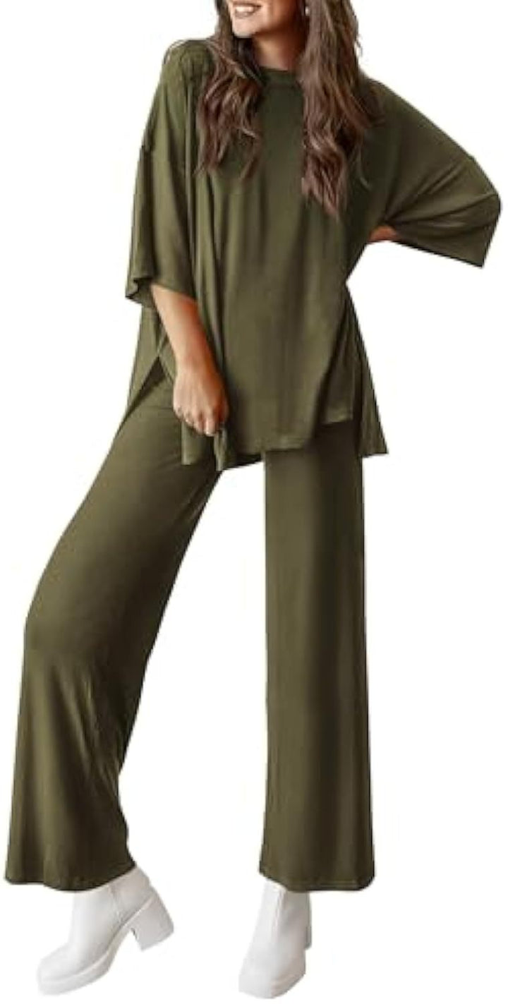 Women's Casual Lounge Set made of Soft Jersey with Oversized Tunic and Wide Palazzo Pants Drune