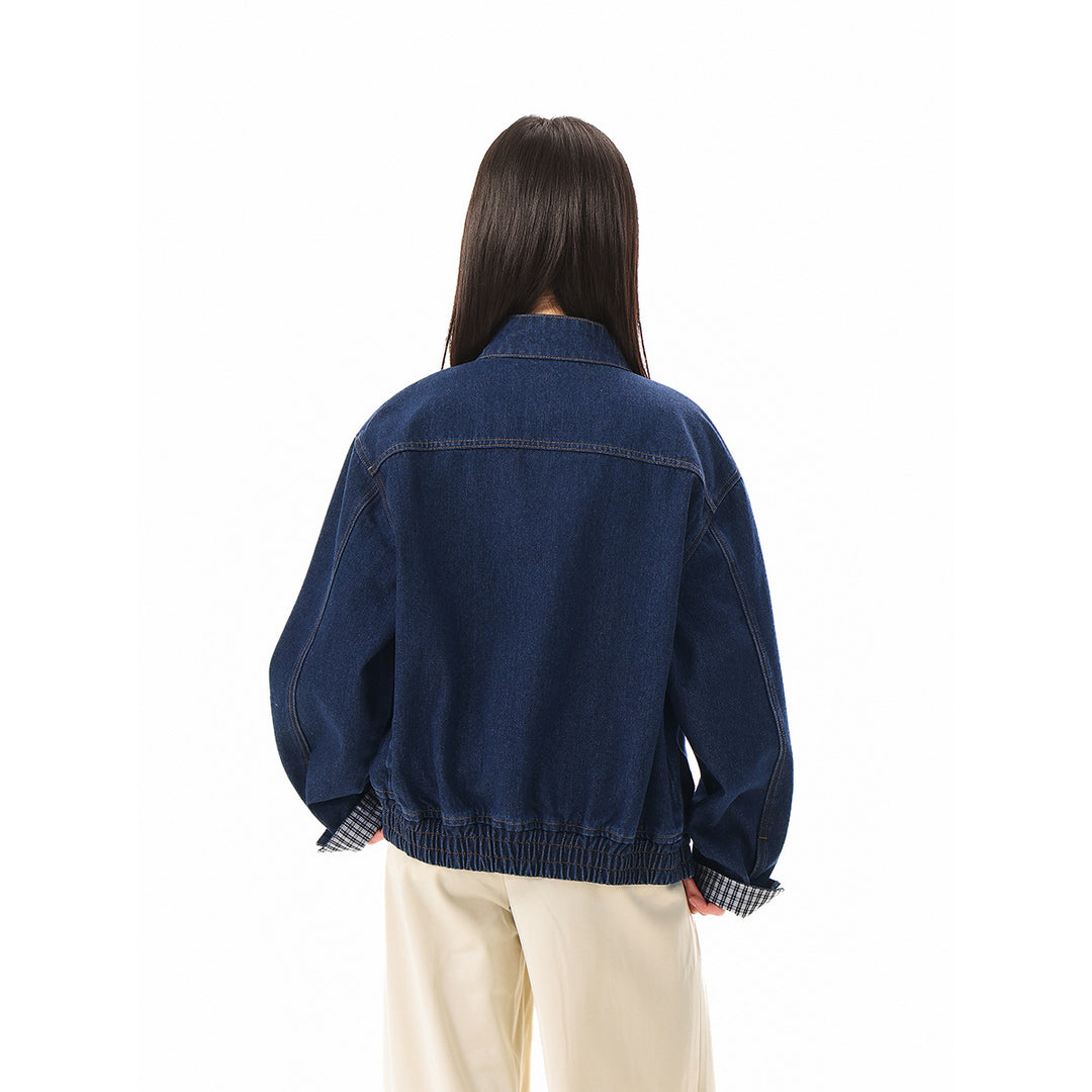 Unisex Boxy Denim Jacket with Check Lining, Stand-Up Collar and Flap Pockets Mune Fashion