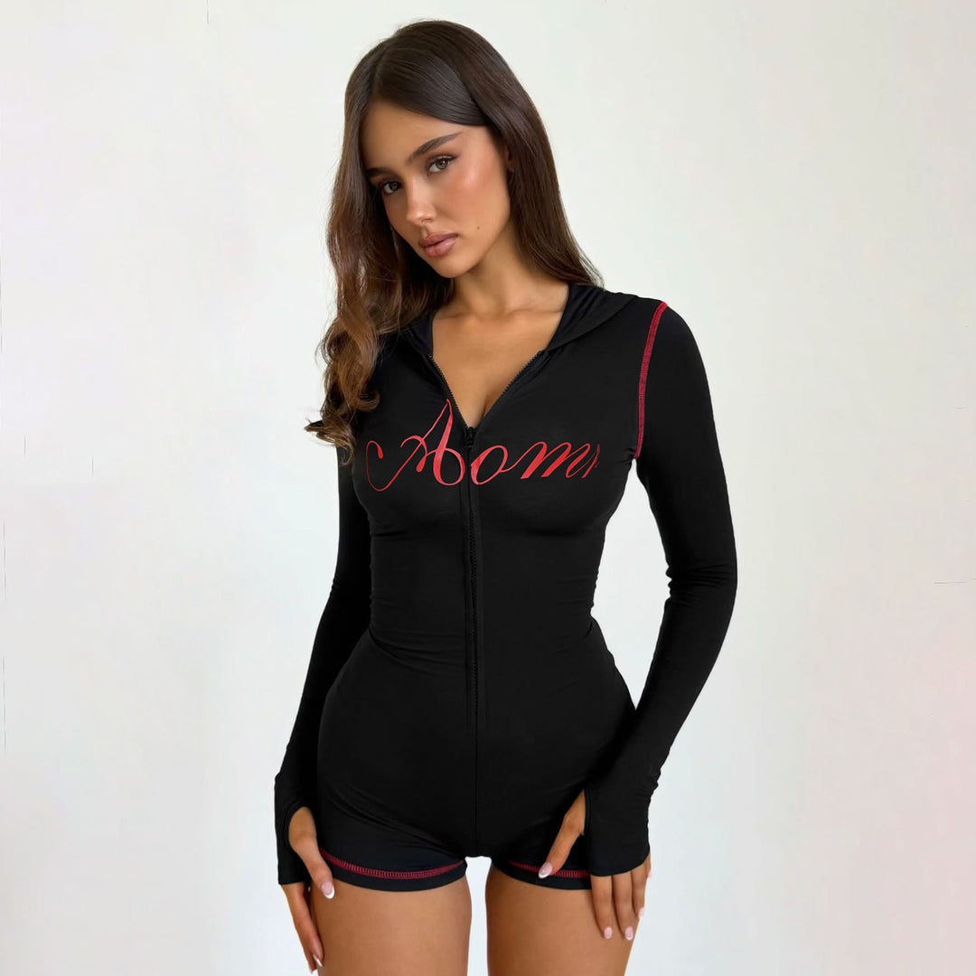 Women's tailored zip romper with hood, long sleeve design and integrated shorts made of functional stretch Mune Fashion
