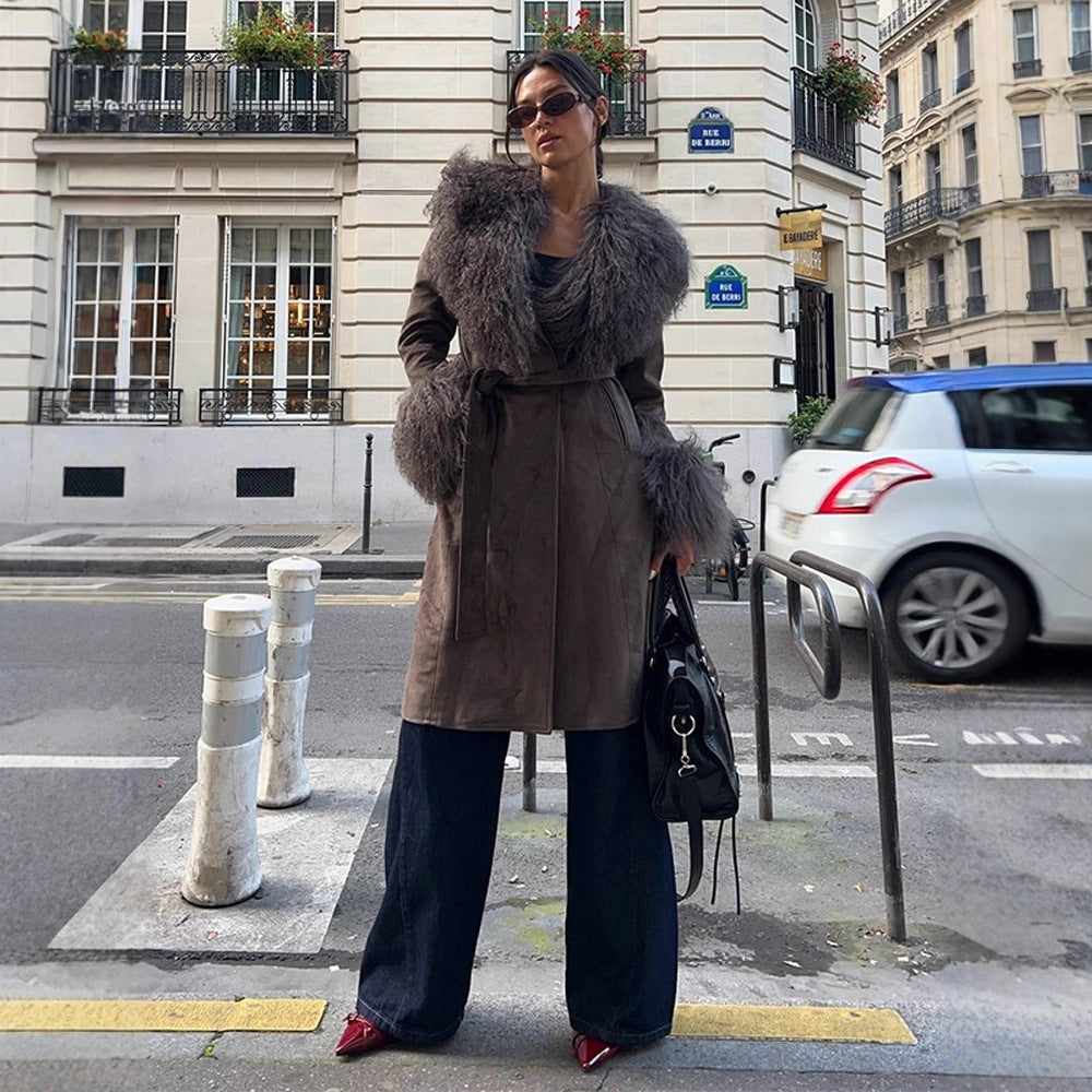 Women's coat made of suede leather look with voluminous faux fur shawl collar, fur cuffs & waist belt Mune Fashion