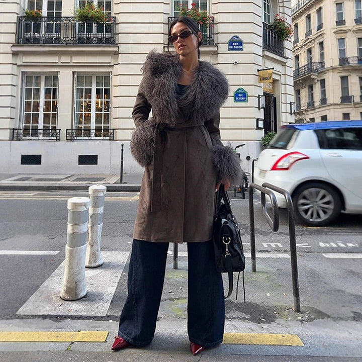 Women's coat made of suede leather look with voluminous faux fur shawl collar, fur cuffs & waist belt Mune Fashion