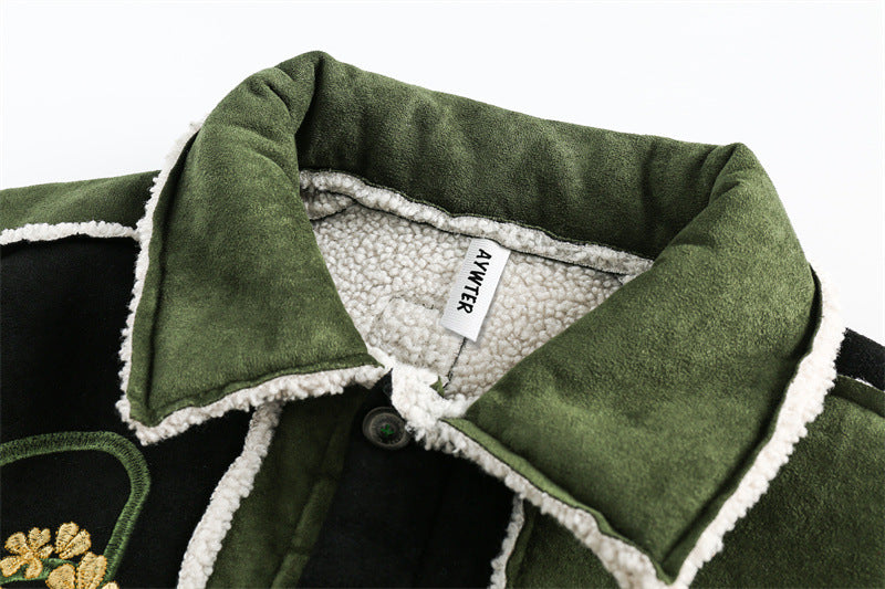 Unisex Patchwork-Sheepskin Look Jacket with Floral Embroidery Mune Fashion