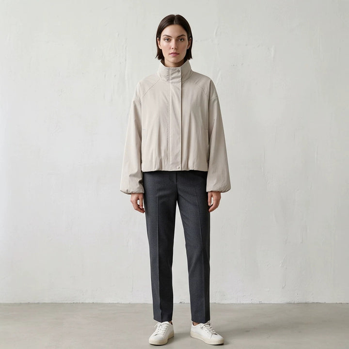 Women's Short Cut Stand Collar Bomber Jacket with Elastic Hem and Raglan Sleeves Mune Fashion