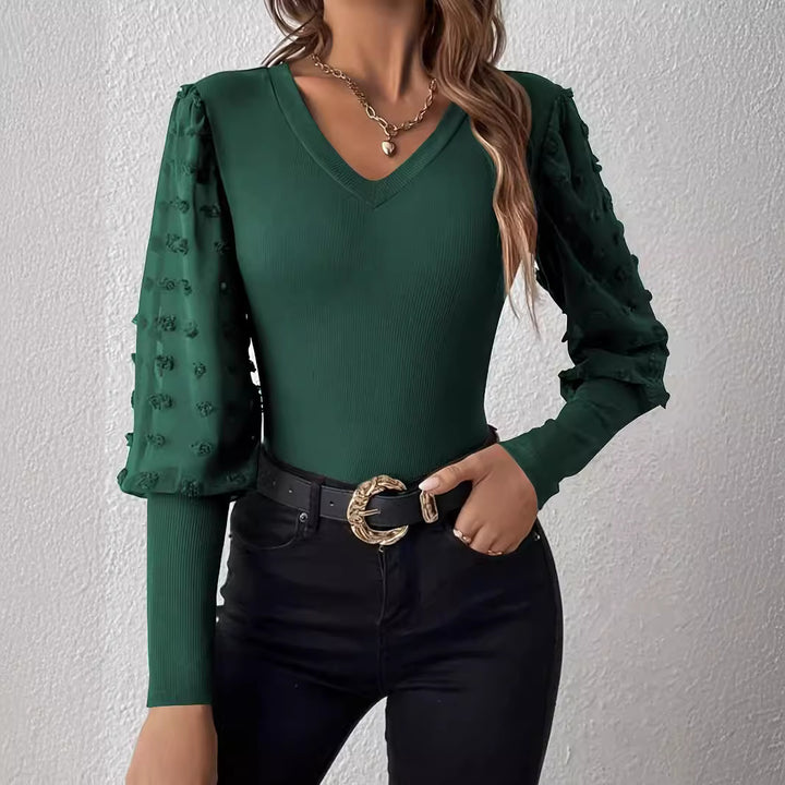 Ladies' fitted top with V-neck and transparent puff sleeves with three-dimensional flower applications Mune Fashion