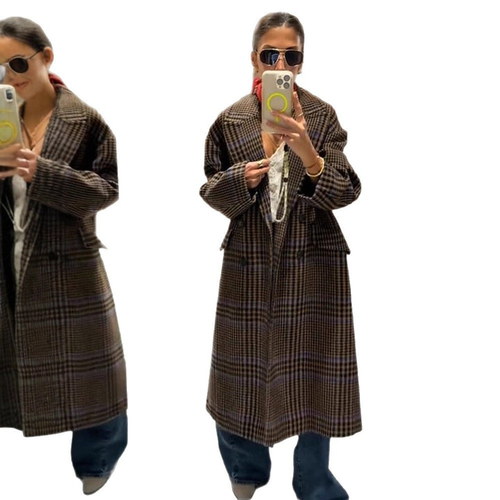 Women Maxilength Oversized Double-Breasted Coat with Emphasized Shoulder and Flap Pockets Mune Fashion