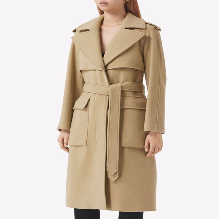 Women Mid-length Wool Blend Long Coat with Double Shoulder Yoke, Flap Pockets and Subtle Waistline Mune Fashion