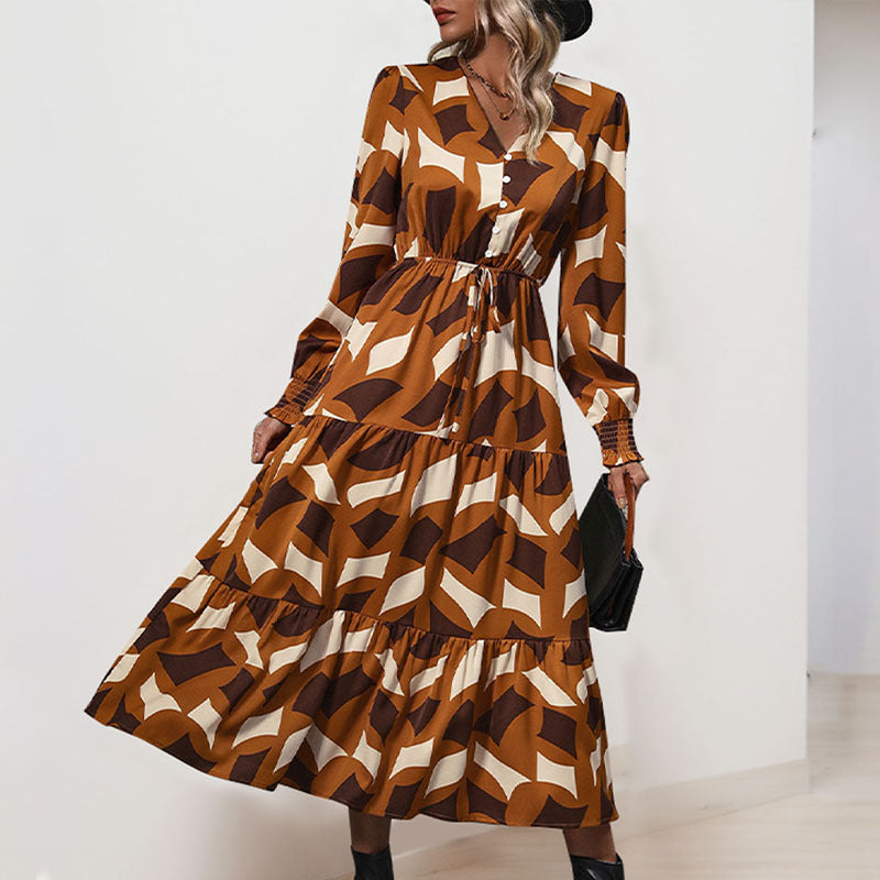 Women's Long Tiered Maxi Dress with Graphic Print, V-Neck, Drawstring Waist and Gathered Cuffs Mune Fashion
