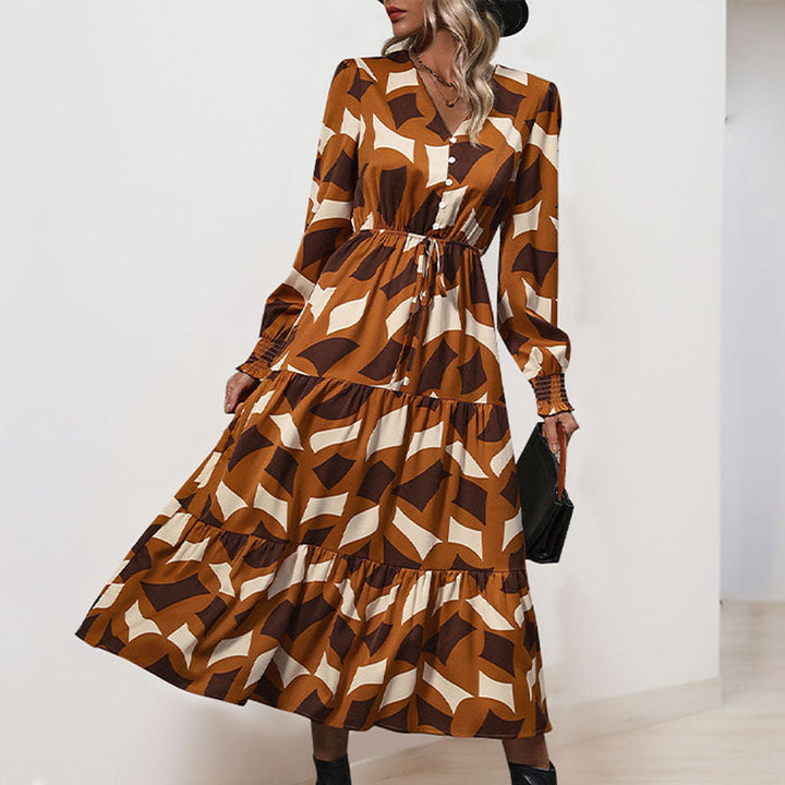 Women's Long Tiered Maxi Dress with Graphic Print, V-Neck, Drawstring Waist and Gathered Cuffs Mune Fashion