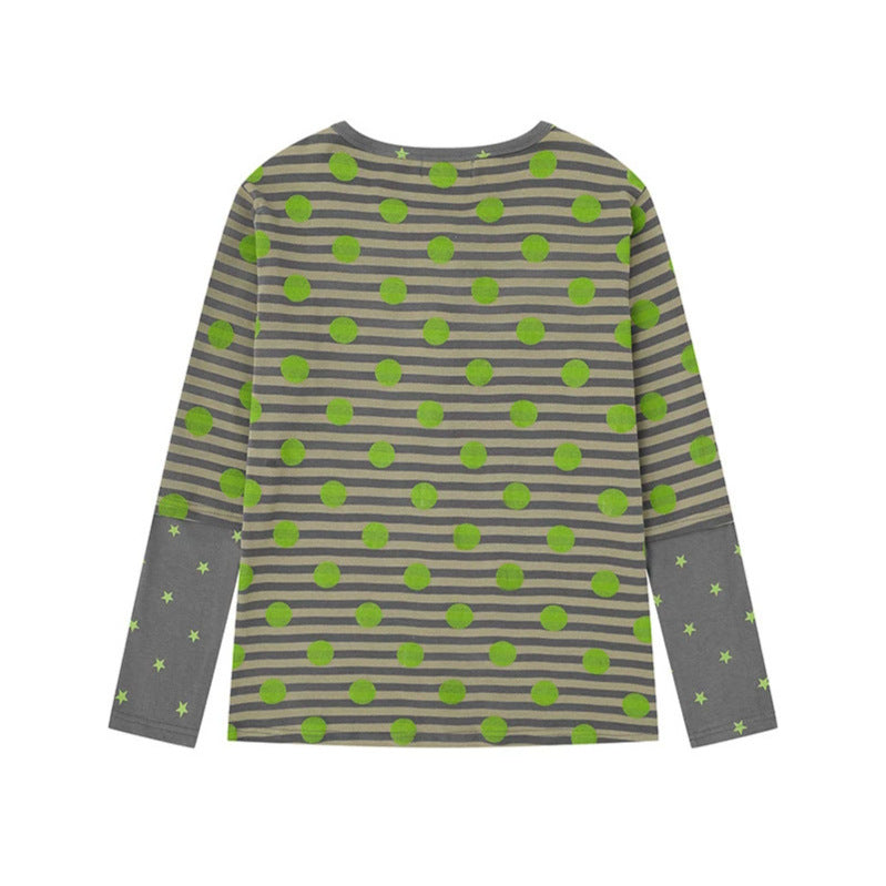 Women Striped Henley Long Sleeve Shirt with Contrast Sleeves, Star Print and Decorative Stone Motifs Mune Fashion