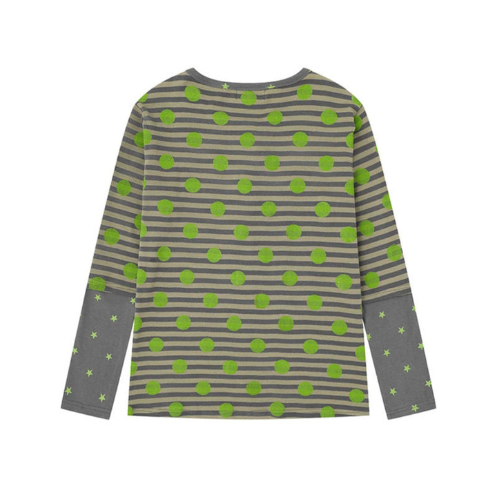 Women Striped Henley Long Sleeve Shirt with Contrast Sleeves, Star Print and Decorative Stone Motifs Mune Fashion