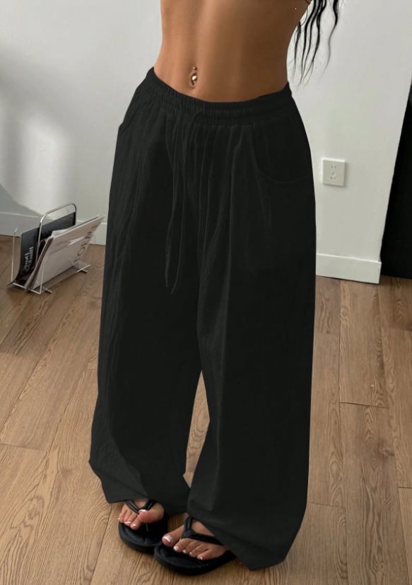 Women Wide Linen Blend Pants with High Elastic Waistband, Drawstring and Side Pockets Mune Fashion