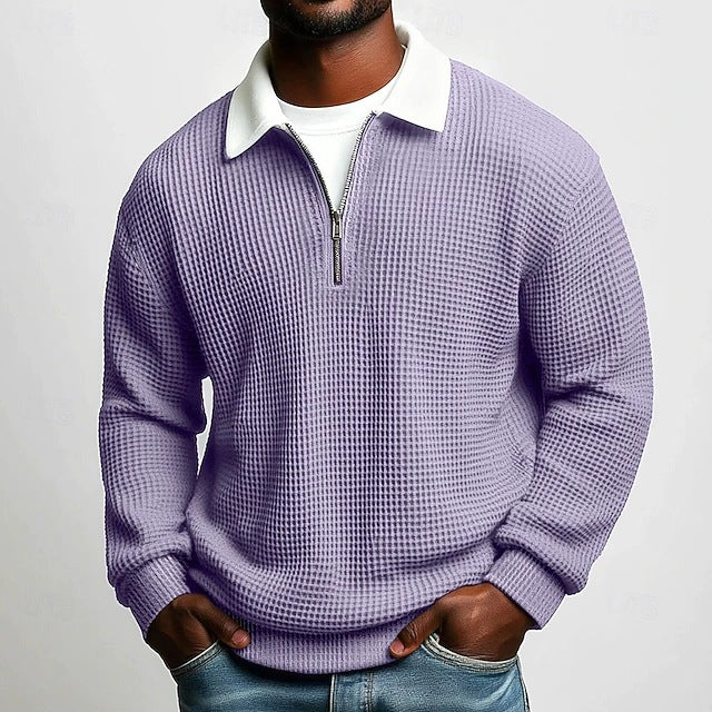 Men's structured waffle knit pullover with polo collar and short zipper Mune Fashion