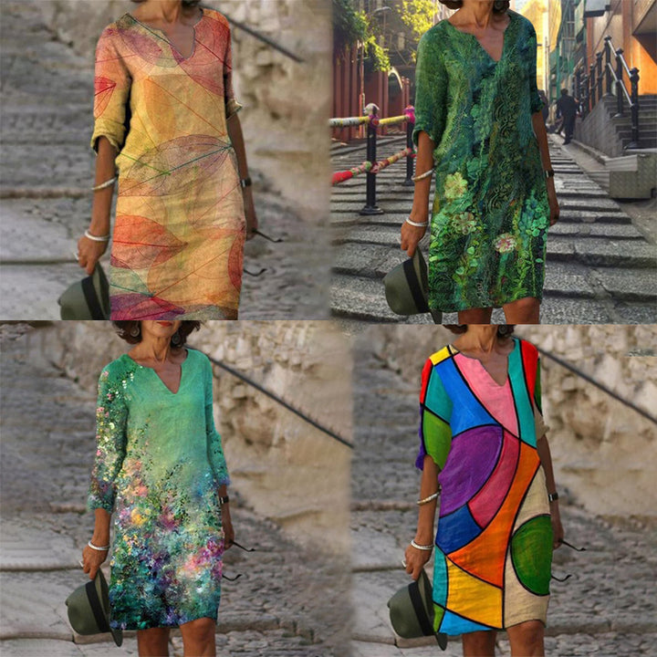Ladies casual linen dress with V-neck and floral all-over pattern, knee-length with three-quarter sleeves Mune Fashion