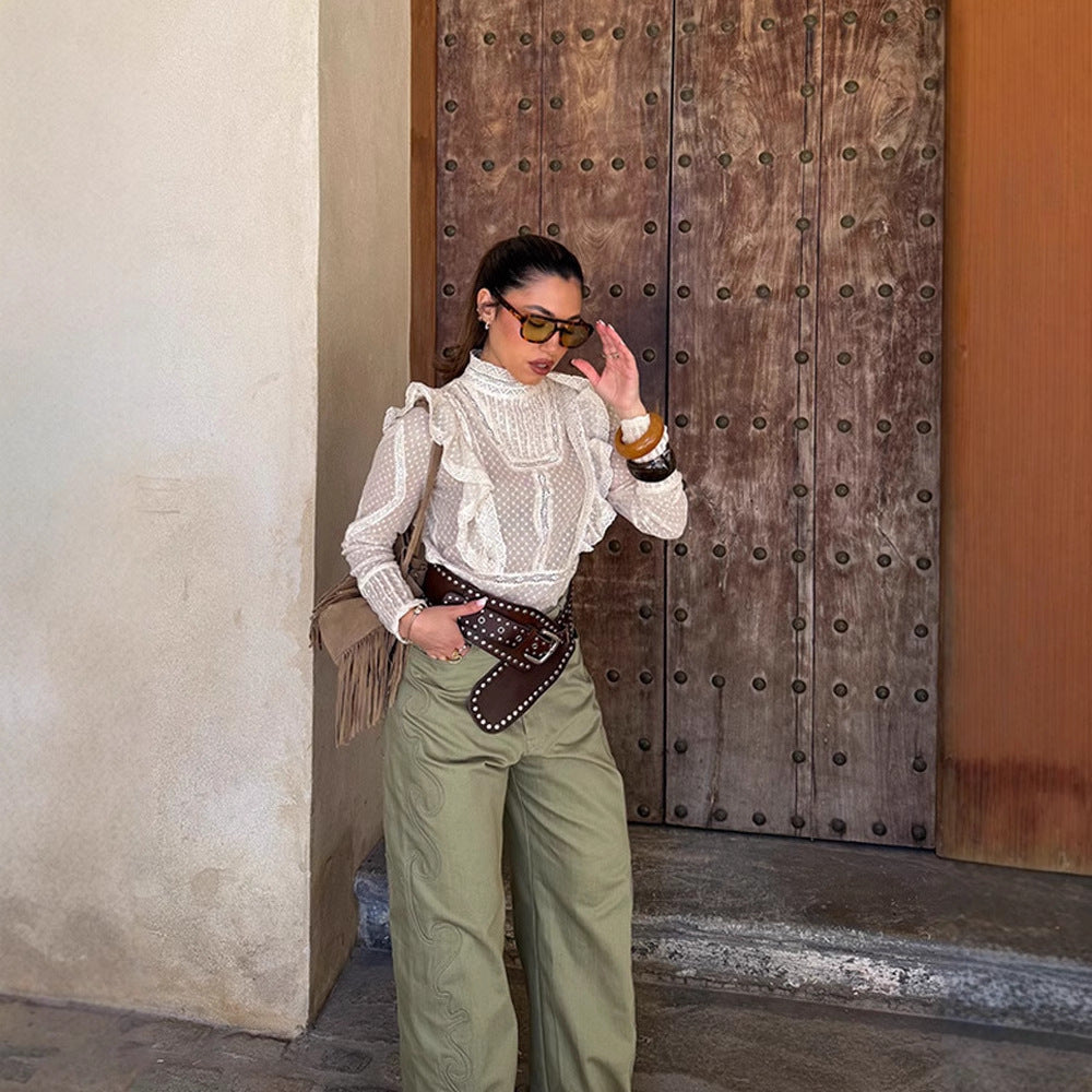 Women's Transparent Dobby Lace Blouse with High Stand-Up Collar, Ruffles & Button Cuffs Mune Fashion