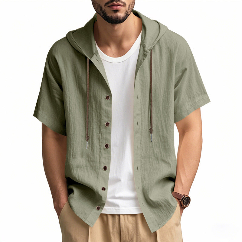 Men's breathable short sleeve hoodie made of linen blend with wooden button placket and drawstring Mune Fashion