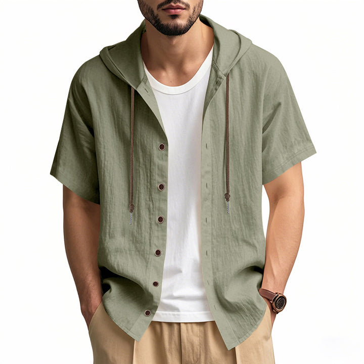 Men's breathable short sleeve hoodie made of linen blend with wooden button placket and drawstring Mune Fashion