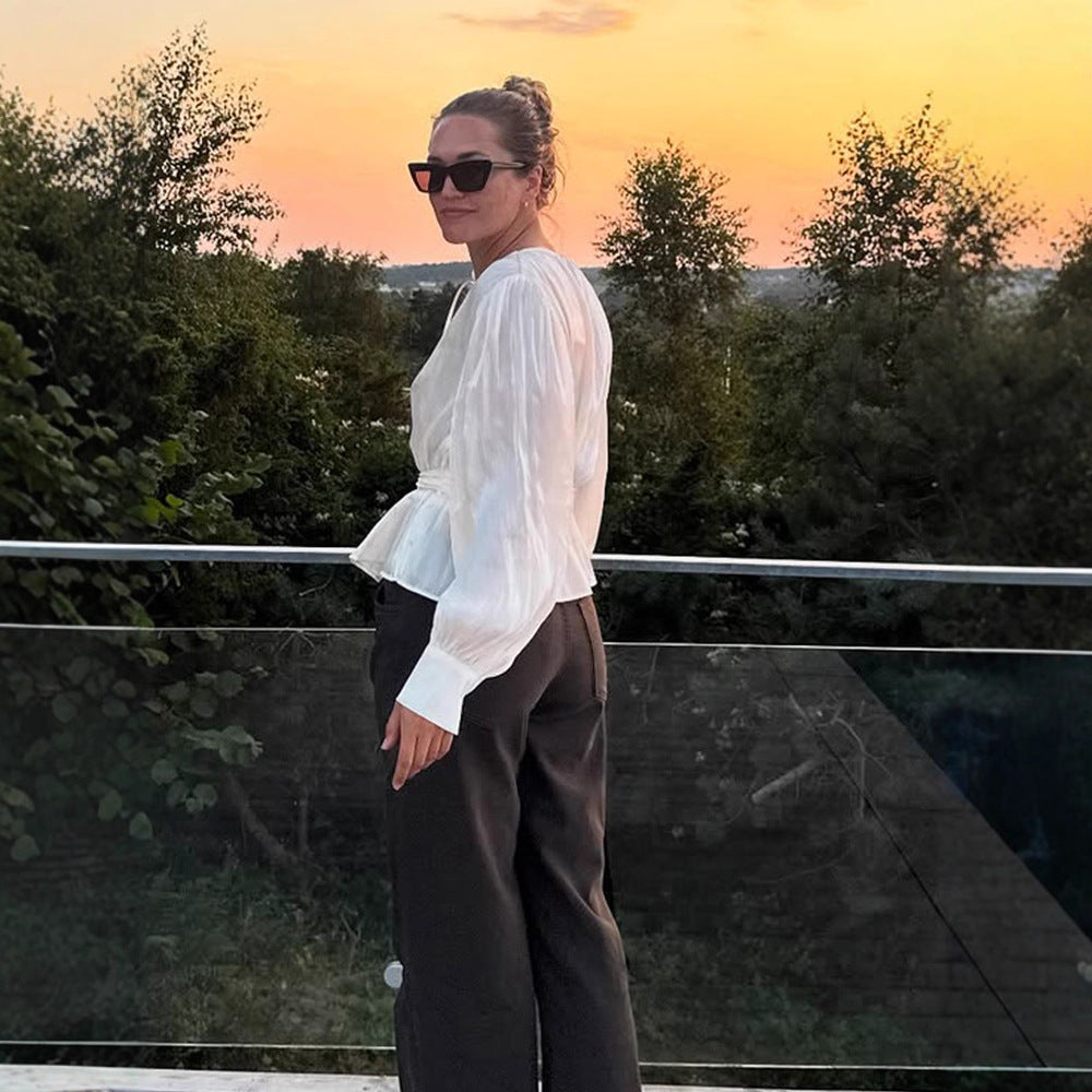 Women Elegant Wrap Blouse with Tie Belt and Voluminous Balloon Sleeves Mune Fashion