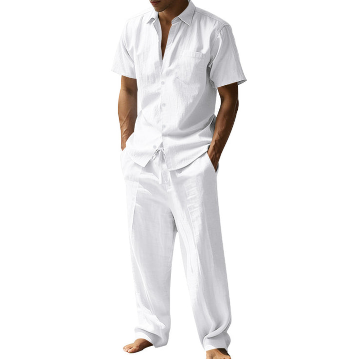 Men's resort-appropriate short-sleeve shirt with chest pocket and casual linen drawstring pants Mune Fashion