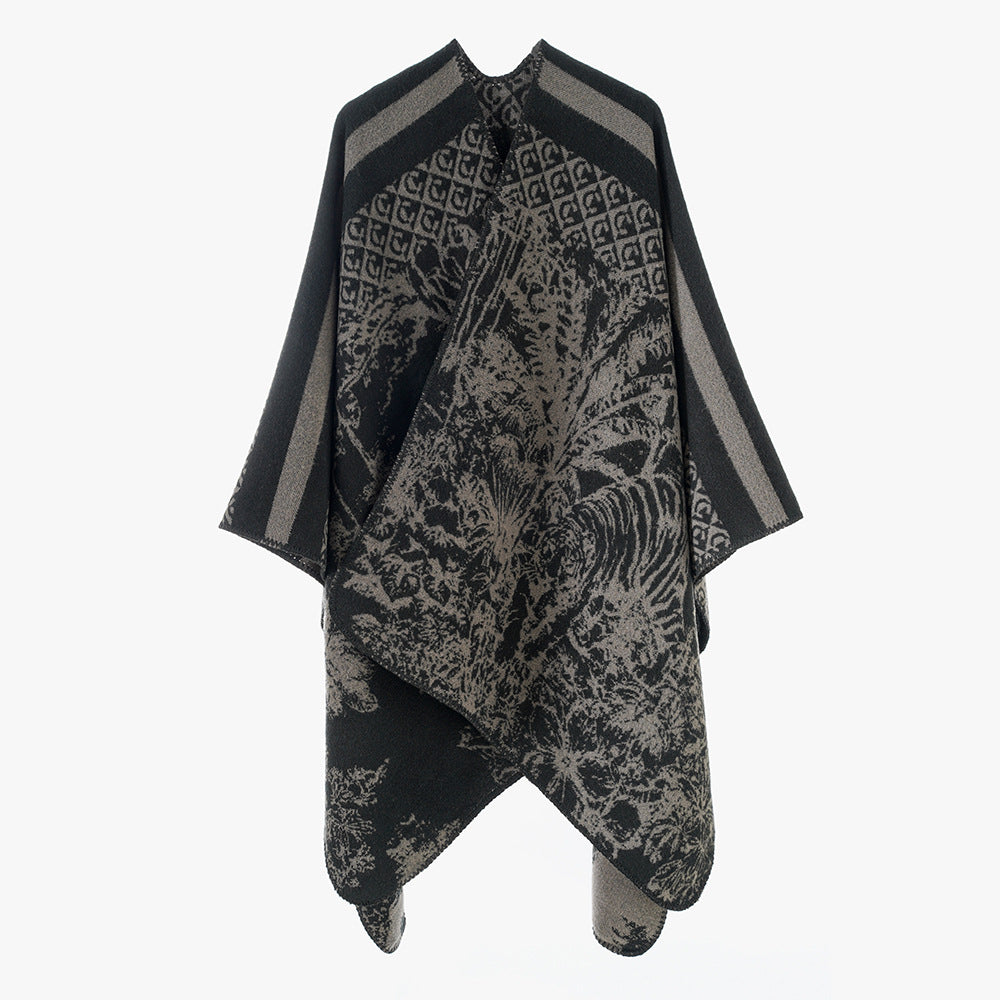 Women's Luxurious Jacquard Pattern Poncho with Asymmetrical Pointed Hem