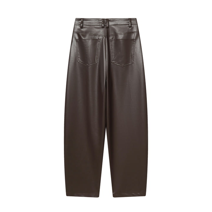 Women's wide Highwaist Cropped Leather Pants with Five-Pocket and straight leg Mune Fashion