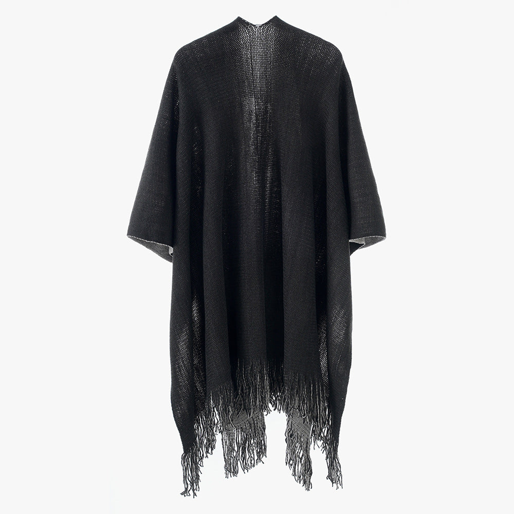 Women's Lightweight Oversized Knit Wrap in Cape Style with Fringe Hem Mune Fashion