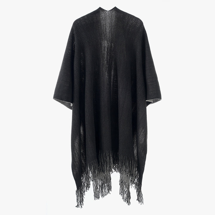 Women's Lightweight Oversized Knit Wrap in Cape Style with Fringe Hem Mune Fashion