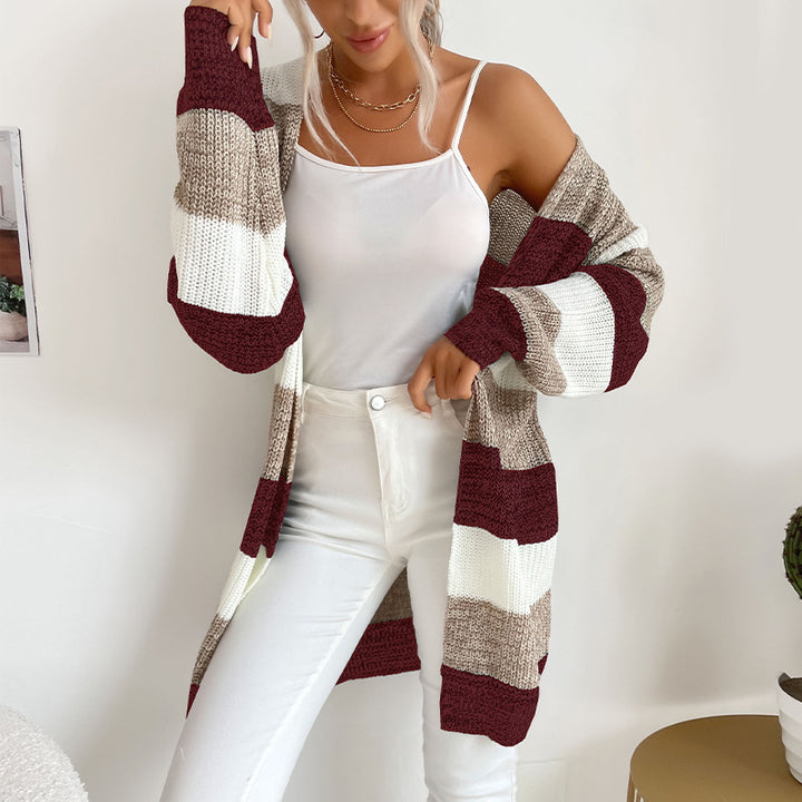 Women's Longline Knit Cardigan with Wide Block Stripes, Open Front and Dropped Shoulders Mune Fashion