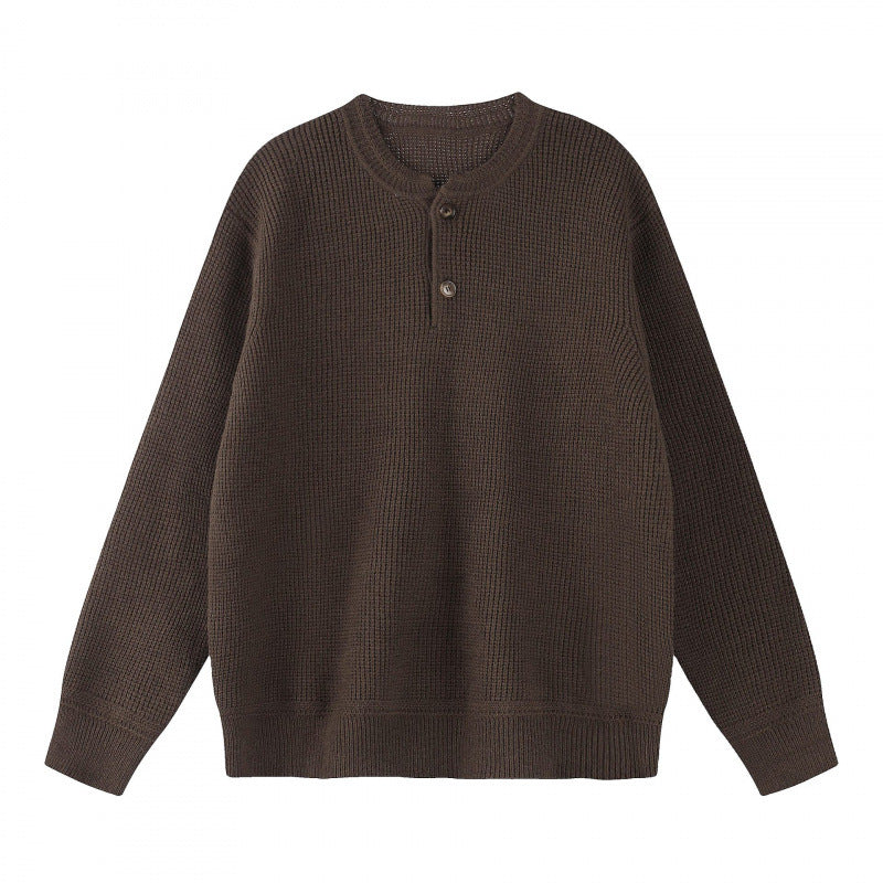 Unisex Boxy knit sweater with Henley neckline and textured waffle knit look Mune Fashion