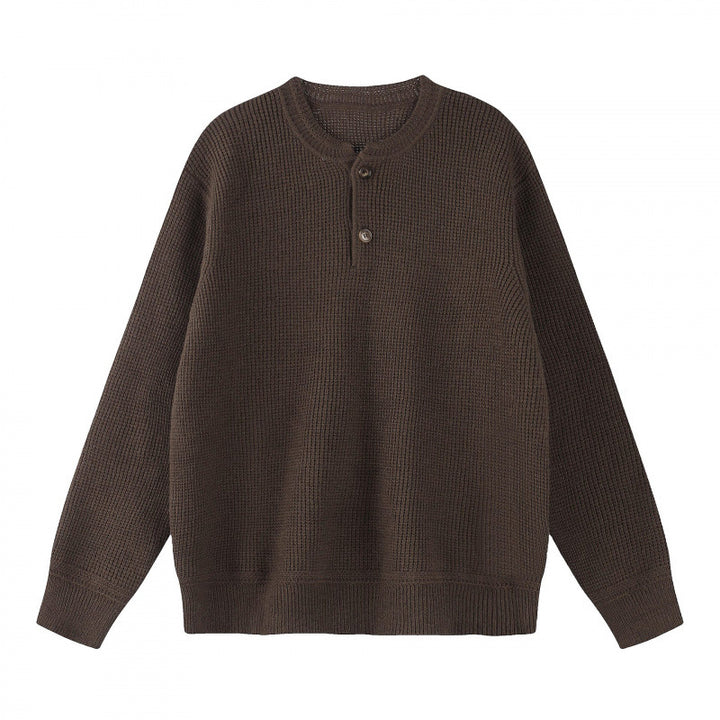 Unisex Boxy knit sweater with Henley neckline and textured waffle knit look Mune Fashion