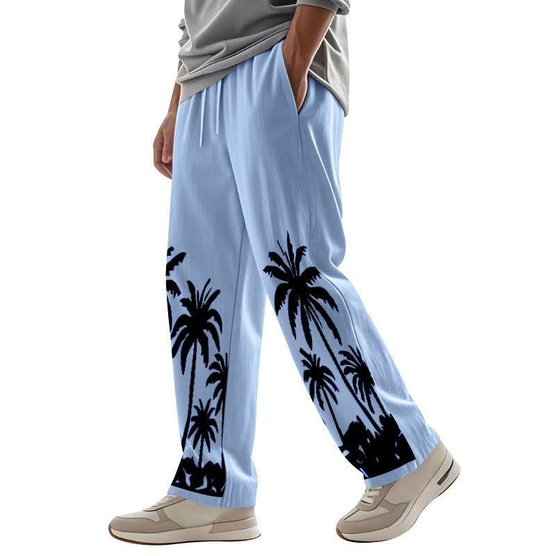 Men's wide leisure pants made of cotton-linen blend with palm print, elastic waistband and drawstring Mune Fashion