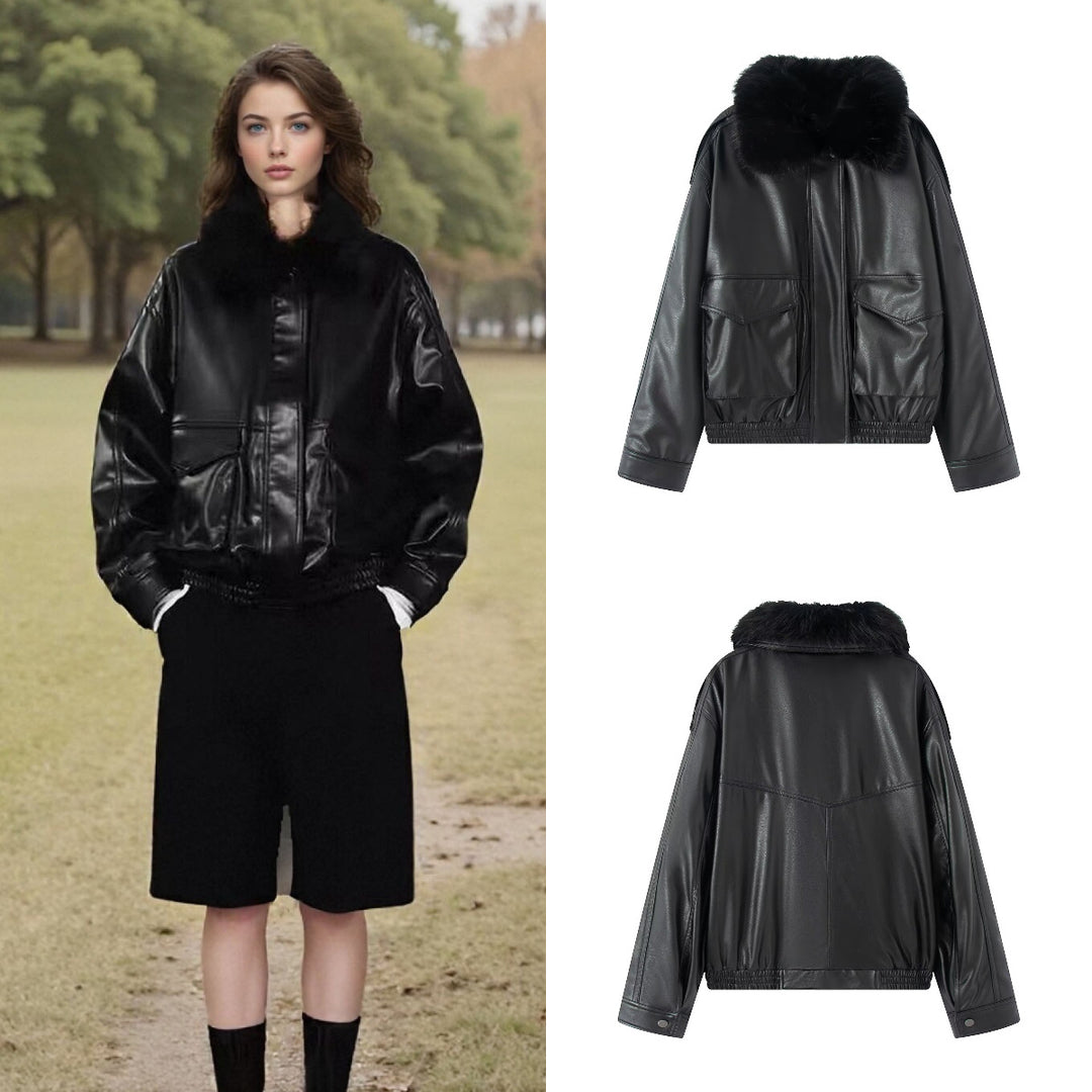 Ladies Oversized Faux Leather Bomber Jacket with Cozy Faux Fur Collar and Applied Flap Pockets Mune Fashion