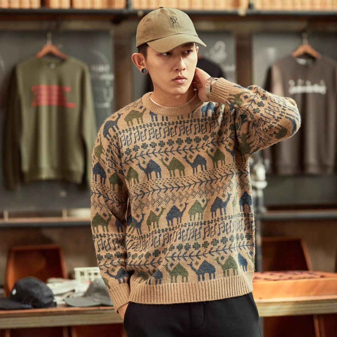 Men's knit pullover with camel jacquard pattern and ribbed hem Mune Fashion