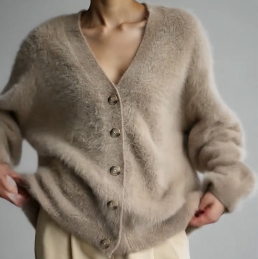 Women Fluffy Eyelash-Mix Oversize Cardigan with V-Neck and Decorative Wooden Buttons Mune Fashion