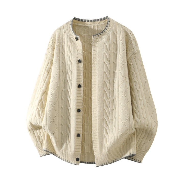 Women's Oversize Cable Knit Cardigan with Round Neck, Balloon Sleeves & Contrast Stitch Mune Fashion