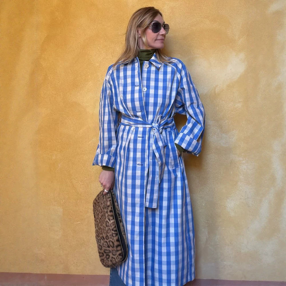 Women's long checkered coat with waist belt and shirt collar Mune Fashion
