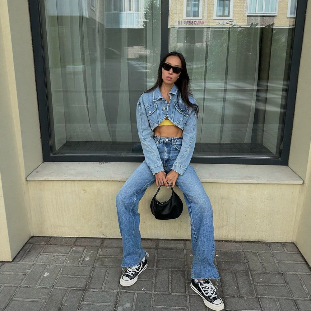 Women's Cropped Denim Jacket with Curved Hem and Flap Pockets Mune Fashion