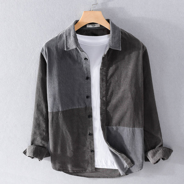 Men's Patchwork Cord Shirt Jacket in Relaxed Fit with Kent Collar Mune Fashion