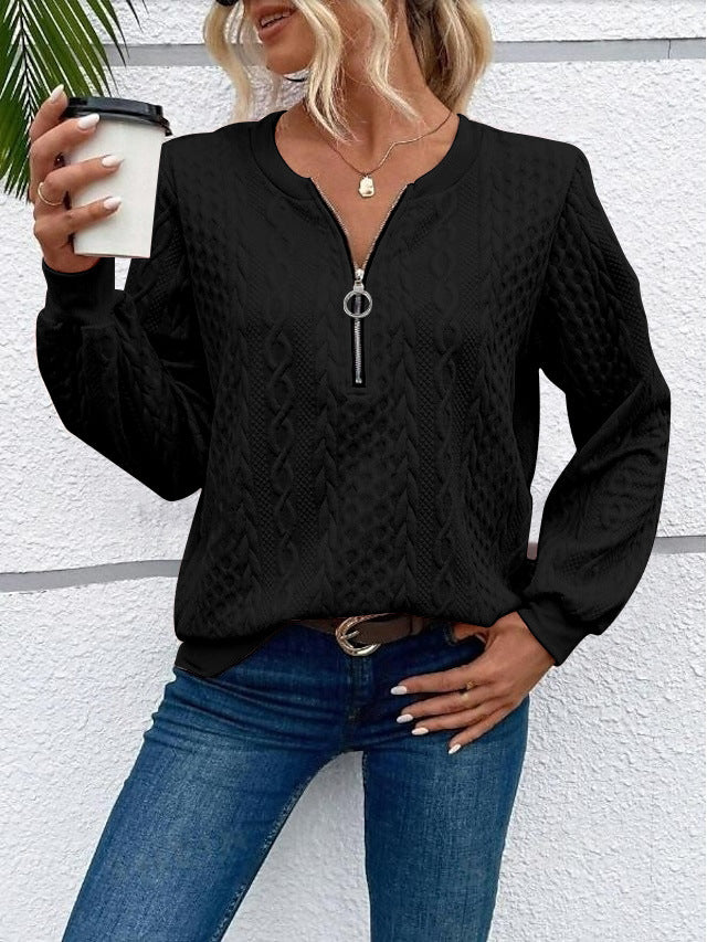 Women's coarsely structured knitted pullover with cable knit pattern, half zip and balloon sleeves Mune Fashion